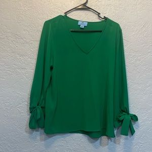 CeCe Green V-Neck Blouse with Bow Sleeves